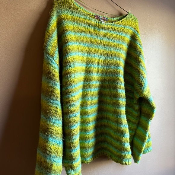 💚🩵 90s Y2k Striped Sweater Soft Urban Outfitters Small Chartreuse Aqua Vintage - Picture 3 of 4
